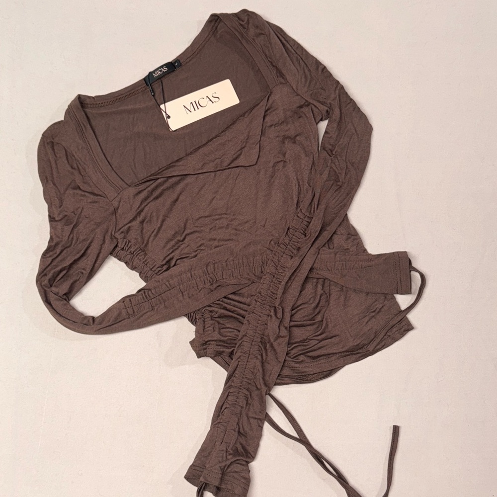 MICAS Square Neck Drawstring Ruched Long Sleeve Top